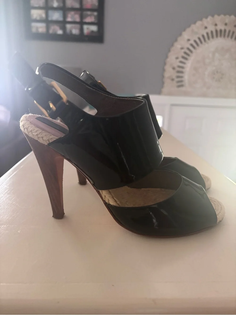 BCBGMaxAzria Black Patent Peep-Toe Slingback Heels with Woven Insole